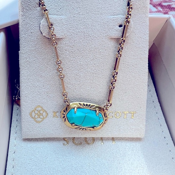 BNWOT Kendra Scott Elisa Vintage Gold Etch frame necklace/variegated turquoise - Picture 2 of 5